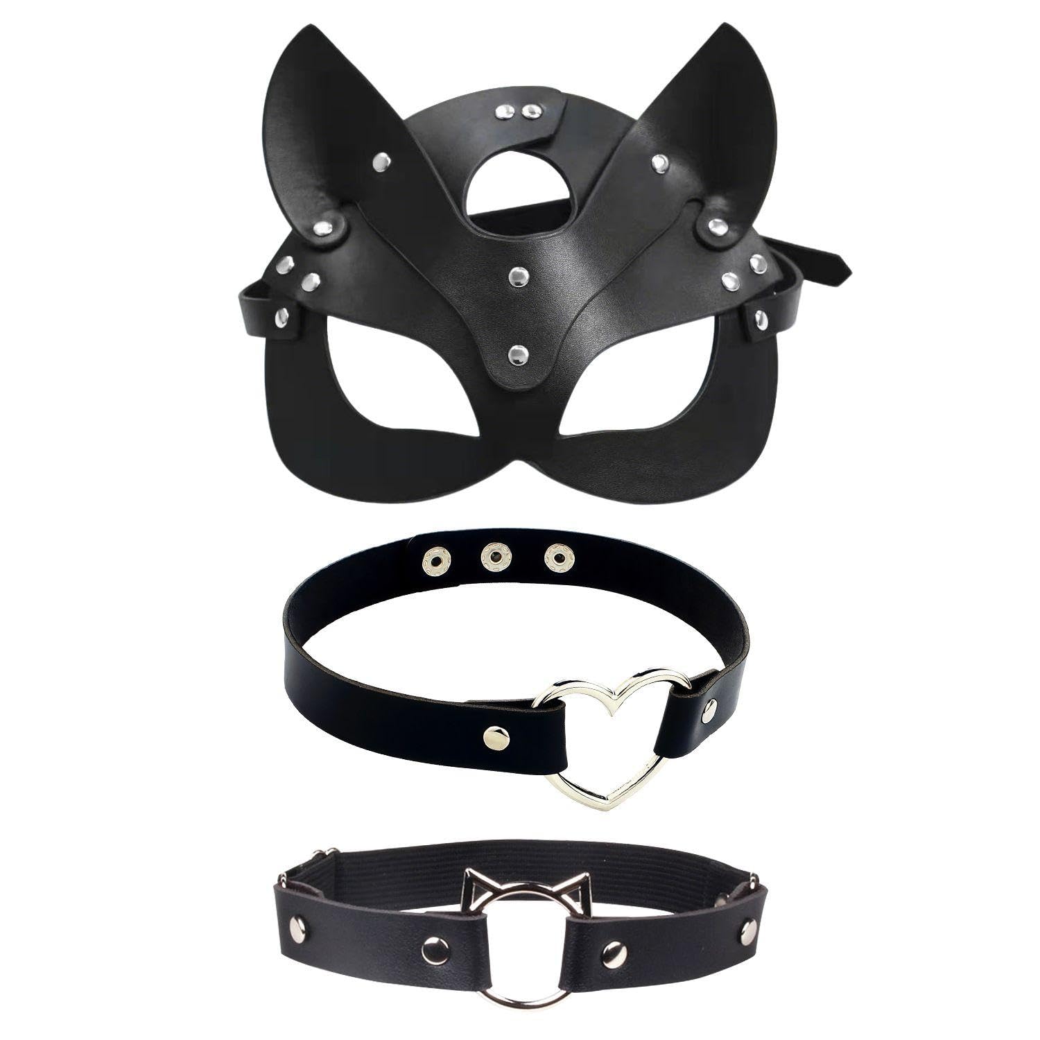 1 Leather Cat Mask, 1 Leather Love Collar, 1 Cat Head And Leg Ring, Sexy Cat Mask, Adjustable Leg Ring, Couple Supplies.