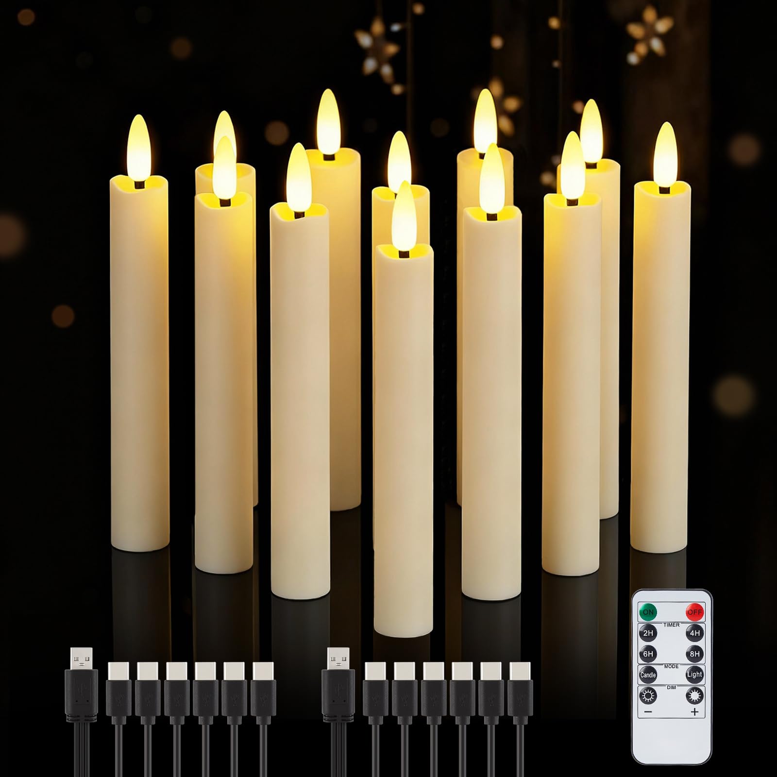 IMAGE Lot de 12 bougies coniques sans flamme avec télécommande, mèche 3D rechargeable, couleur ivoire avec minuterie, ligne de pêche de 100 m, décoration d'intérieur, mariage, anniversaire, Noël
