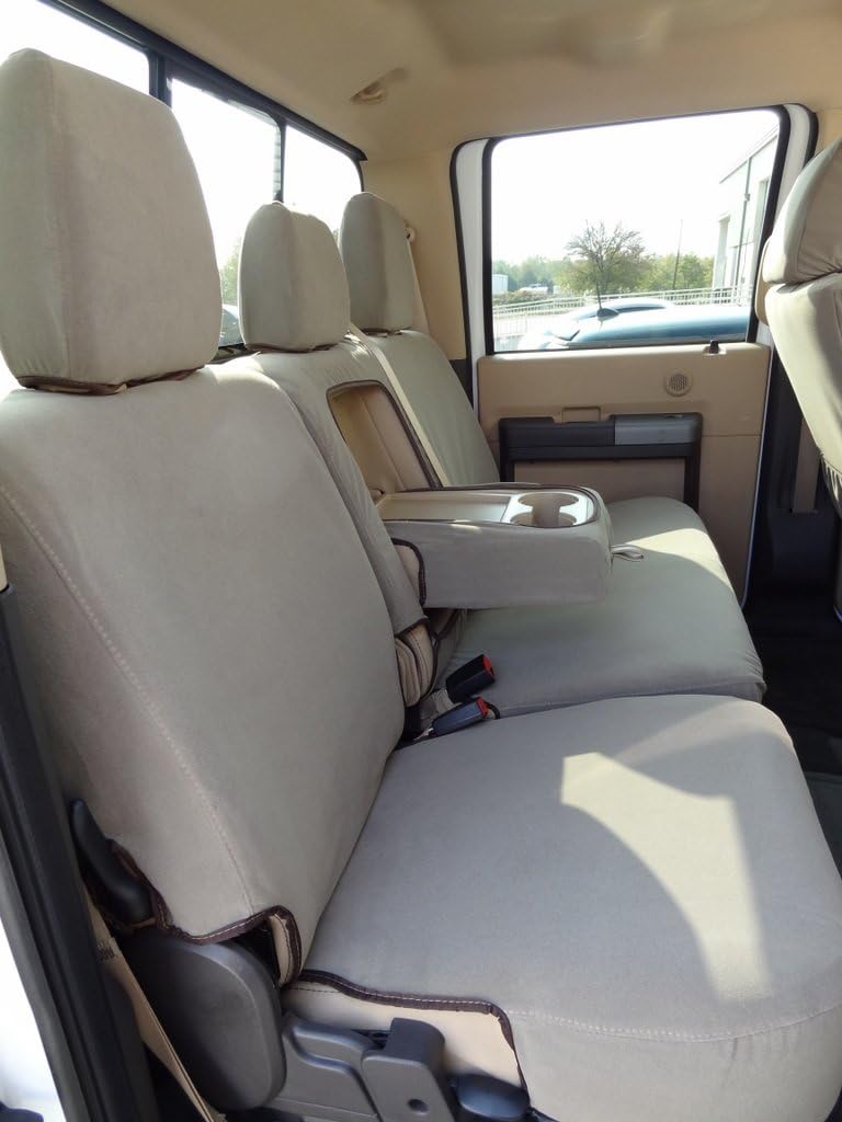 Durafit Seat Covers Made to fit 2011-2015 Ford F250-F550 Lariat and King Ranch Front Bucket Seats and Rear 60/40 Split Bench with Integrated Seat Belts in Tan/Taupe 2-Tone Twill/Velour Fabric