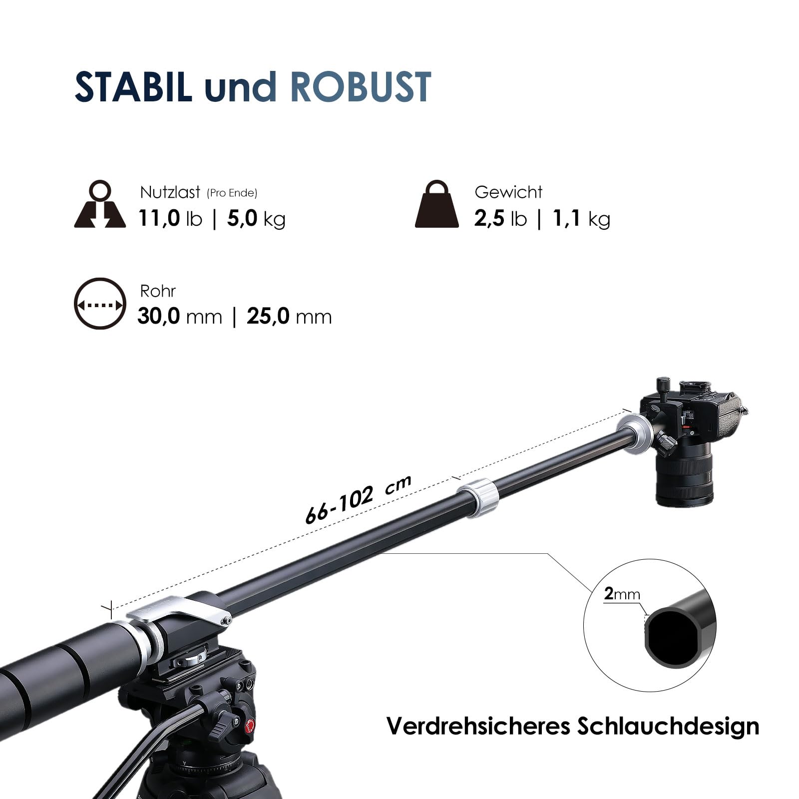RAUBAY Stativ-Verlängerungsarm, Fester horizontaler Ausleger für Overhead- & Top-Down-Aufnahmen, Robustes Aluminium, 1/4" & 3/8" Anschluss, 66–102 cm verstellbar für Kamera & Licht TE01
