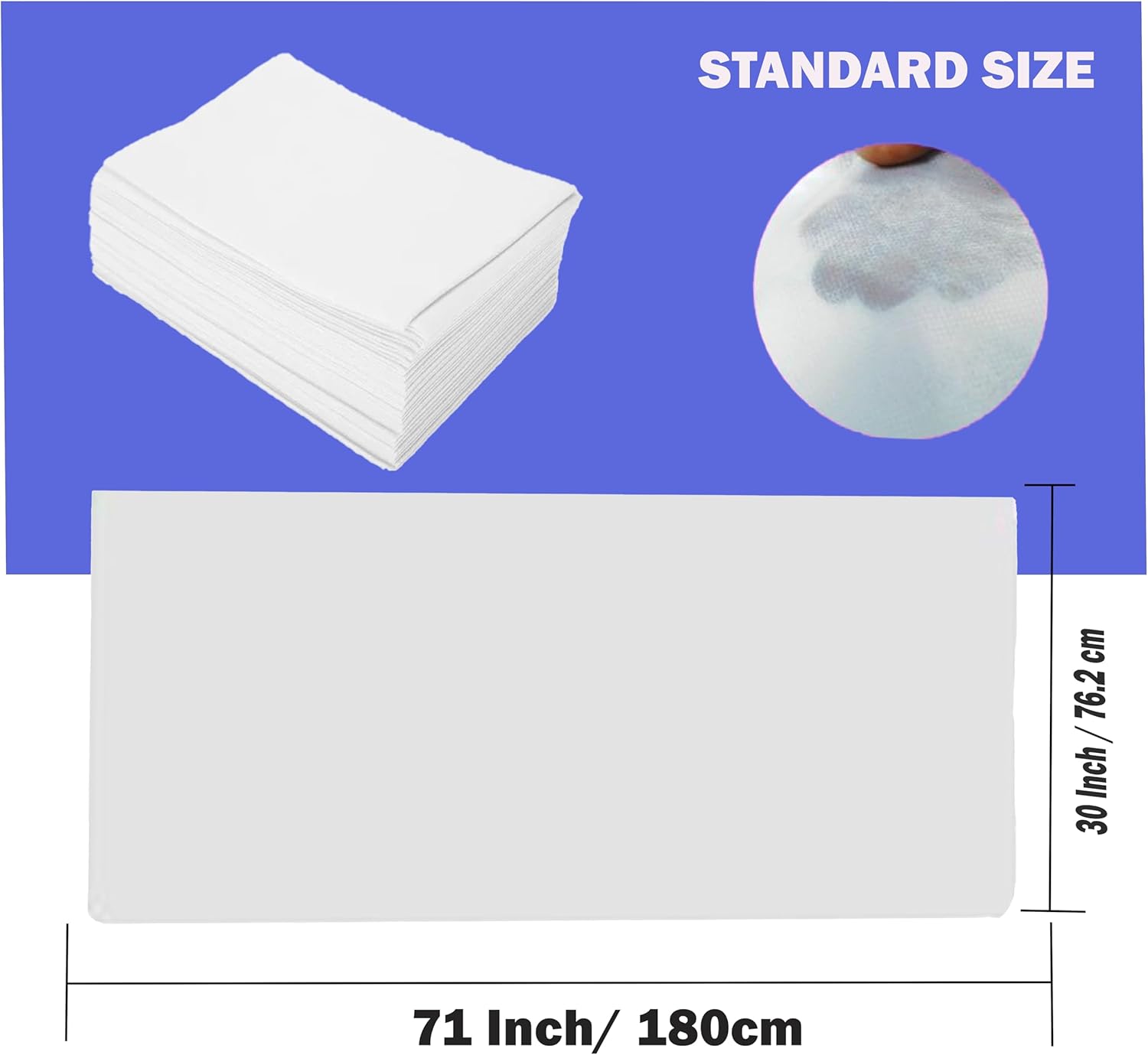 使い捨て使い捨てプレカットベッドシーツ マッサージ、スパ用 | 不織布 | サイズ:30 x 71インチ | 50枚入りパック |