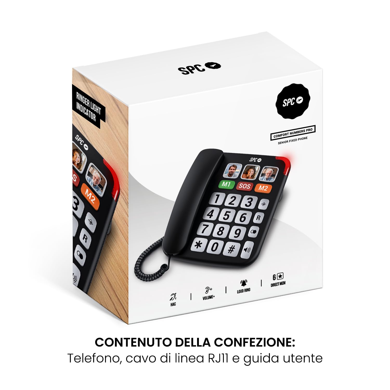 SPC Comfort Numbers Pro – Telefono fisso per anziani con tasti grandi e suoneria forte | Volume chiamata amplificabile +20dB | 6 memorie dirette, vivavoce | Compatibile con apparecchi acustici - Nero
