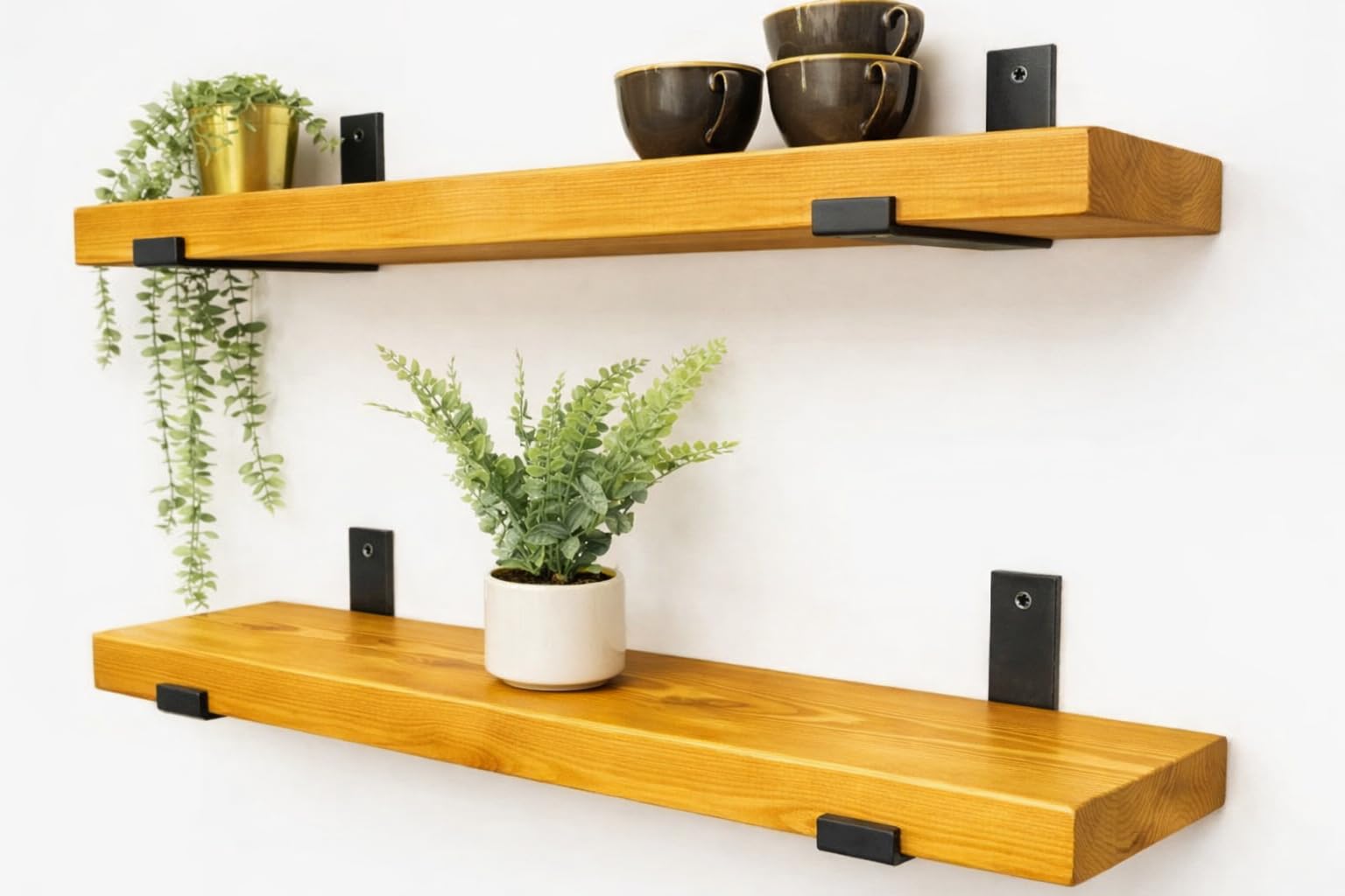Rustic Floating Shelf, 6x2 with Black Brackets, Solid Pine, Wall Mounted — image 1