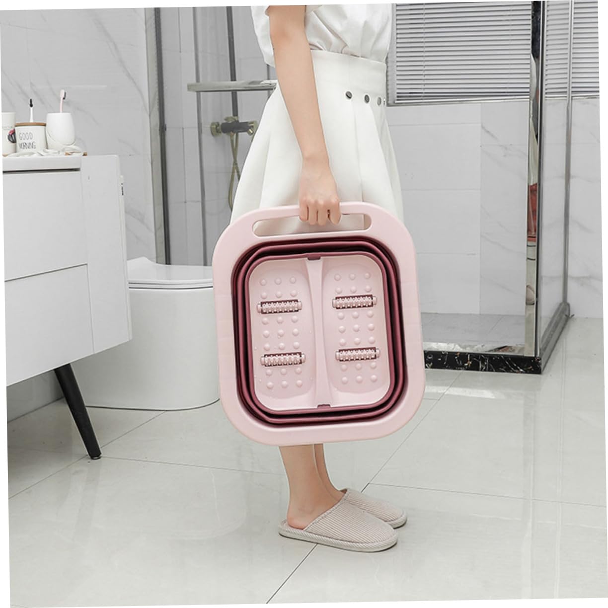 Lavabo para Pies Plegable Grande con Rodillos de Masaje, Rosa Pp