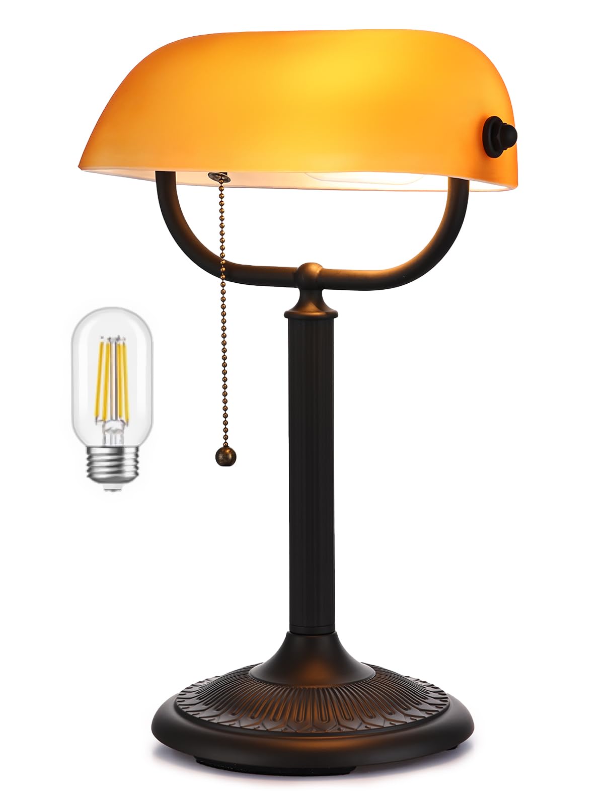 Newrays 1-Minute Quick-Change Shade Antique Matted Amber Glass Bankers Desk Lamp for Study, Office, Library,LED Bulb Included