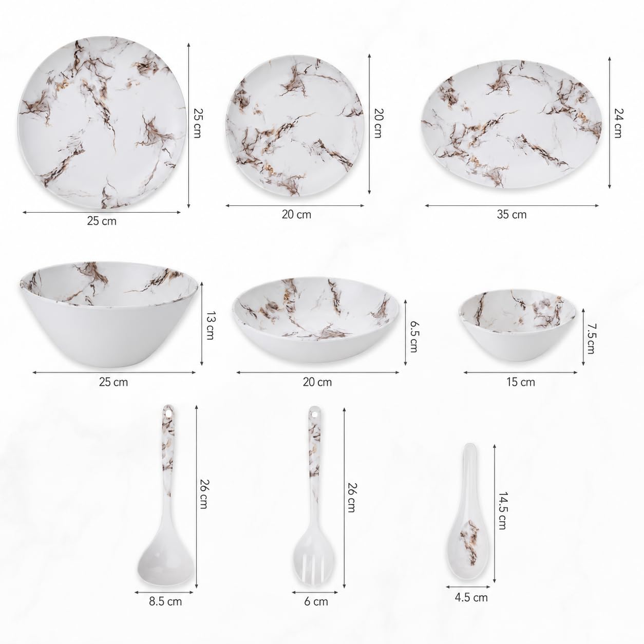 Royal Swiss Melamin Geschirrset 34-teilig für 6 Personen, Weißes Marmor Design, Bruchfest Leicht Stapelbar, Spülmaschinengeeignet, Campinggeschirr für Zuhause Garten Picknick