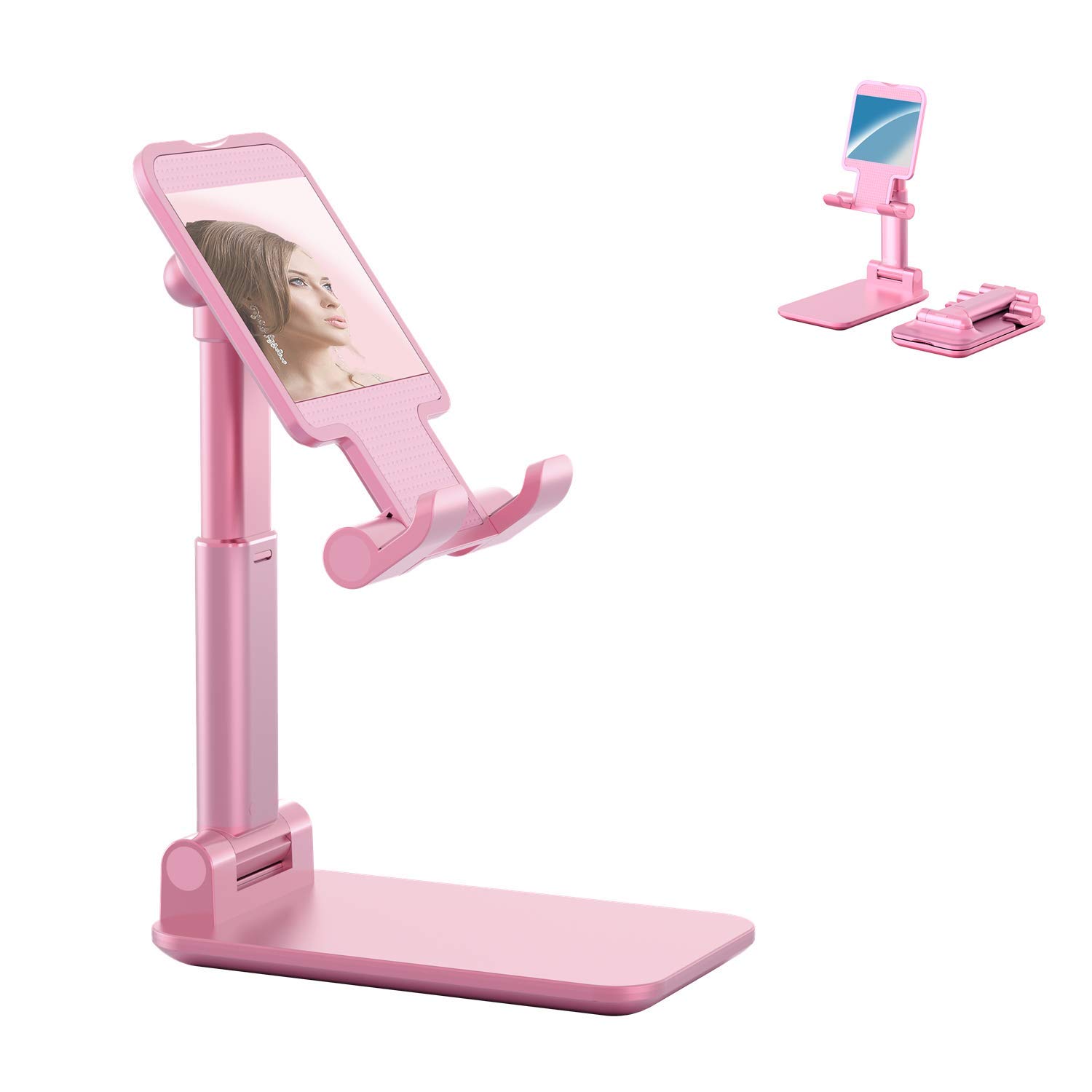 MeiyijiaFoldable Phone Holder Desk Stand, Tablet&Phone Stand with reserved charging port and makeup mirror, Adjustable Angle Design, Extendable Arm, Pink