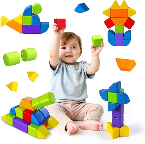 Miniatura 9 de Bloques magnéticos, bloques de construcción grandes para niños pequeños de 1 a 3 años, juego de bloques apilables 3D multiformas, juguetes 14