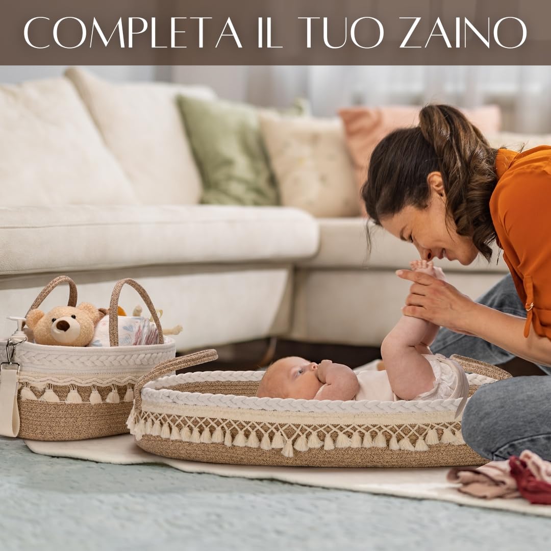 SEBRAM Organizer Fasciatoio per Neonati – Organizer Pannolini Beige Boho, Cesta Fasciatoio Neonato con Tracolla Regolabile & Tasche Termiche/Include maniglie bianche (vedi video)