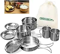 Kit Panelas Camping Inox 8 Peças Conjunto Portátil Acampamento Cozinha Outdoor Viagem Praia Pesca Compacto com Bolsa