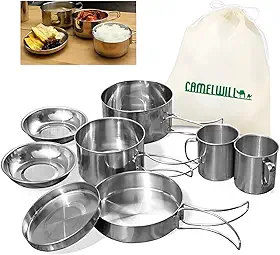 Kit Panelas Camping Inox 8 Peças Conjunto Portátil Acampamento Cozinha Outdoor Viagem Praia Pesca Compacto com Bolsa