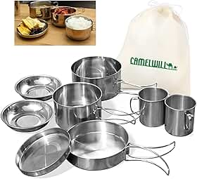 Kit Panelas Camping Inox 8 Peças Conjunto Portátil Acampamento Cozinha Outdoor Viagem Praia Pesca Compacto com Bolsa