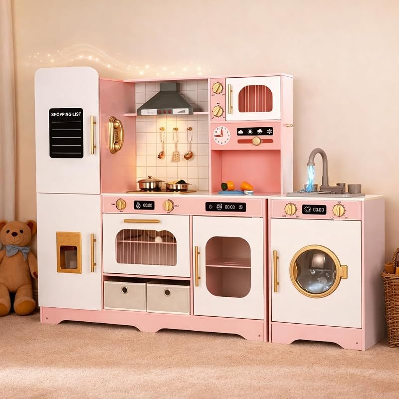 Interactive Wooden Play Kitchen for Kids, Extra-Large Indoor Toy Kitchen Set with Storage, Running Water Sink, Light & Sound Range Hood, Ice Maker & Washing Machine, Sakura Pink