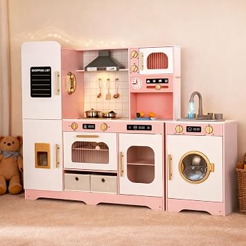 Interactive Wooden Play Kitchen for Kids, Extra-Large Indoor Toy Kitchen Set with Storage, Running Water Sink, Light & Sound Range Hood, Ice Maker & Washing Machine, Sakura Pink