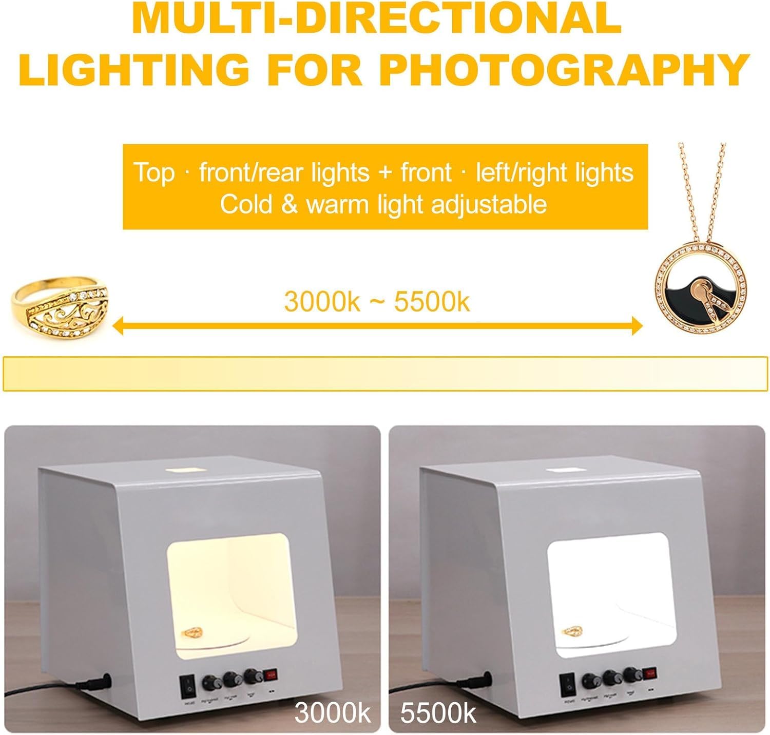 Caja de luz para estudio fotográfico con velocidad ajustable y tocadiscos para fotografía, cuenta con 4 luces de llenado de temperatura de color ajustables, ideal para sesiones de joyas