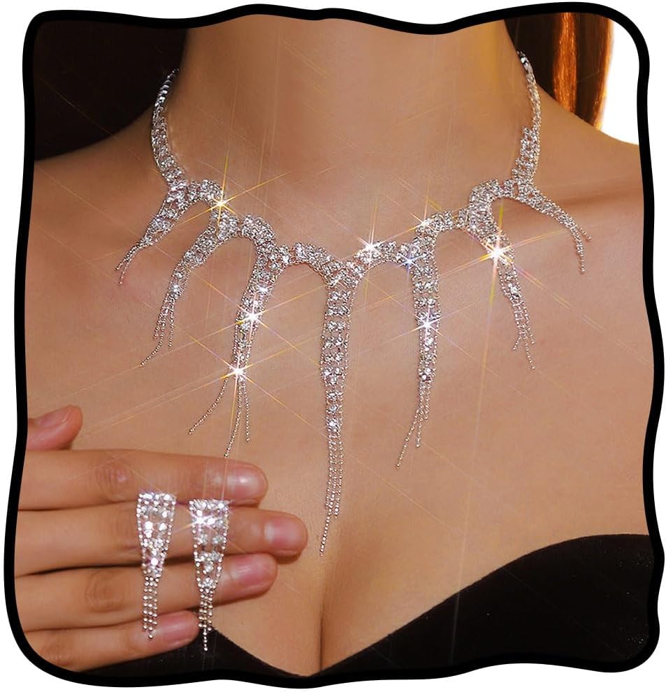 TWINKLEDESilver Rhinestone Necklace Jewelry Set Prom Formal Necklace Earrings Elegant Costume Jewelry Accessories for Women