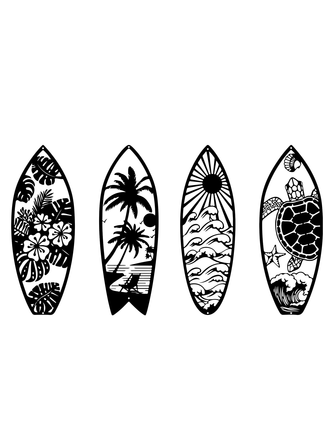 4 piezas de metal S4 piezas de metal para decoración de pared, tabla de surf tropical de verano, letreros de playa, arte de pared, arte de pared de palmera, decoración de habitación de tortuga para