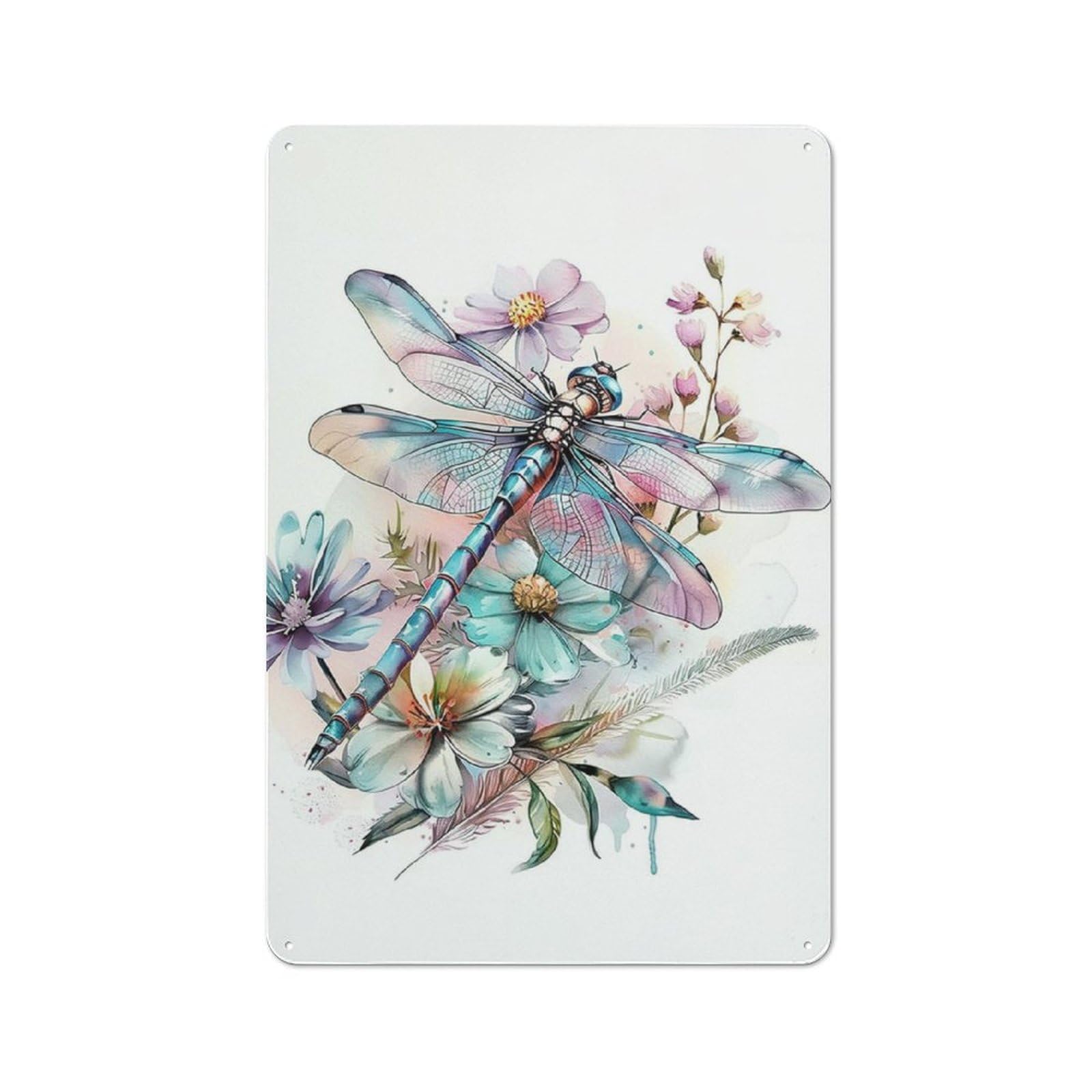 ACDOET Rustic Metal Tin Sign Dragonfly Wall Art For Bathroom Watercolor Dragonfly Pictures Wall Decor Dragonfly Flower Painting For Home Decor 8x12 Inch