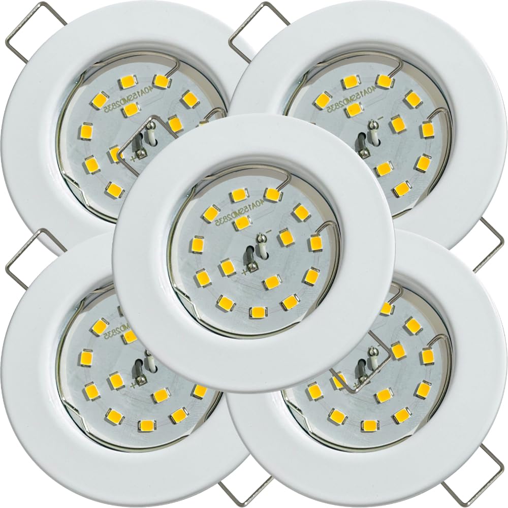 5x Flache SMD LED Modul Decken Einbauspots, 5W, 230V, 400 Lumen, Neutralweiß (4000K), Weiß, Rund, Starr, mit Sprengring, Lochausschnitt 55-65 mm, nur 28 mm Tiefe – Perfekt für Küche, Flur, Wohnzimmer