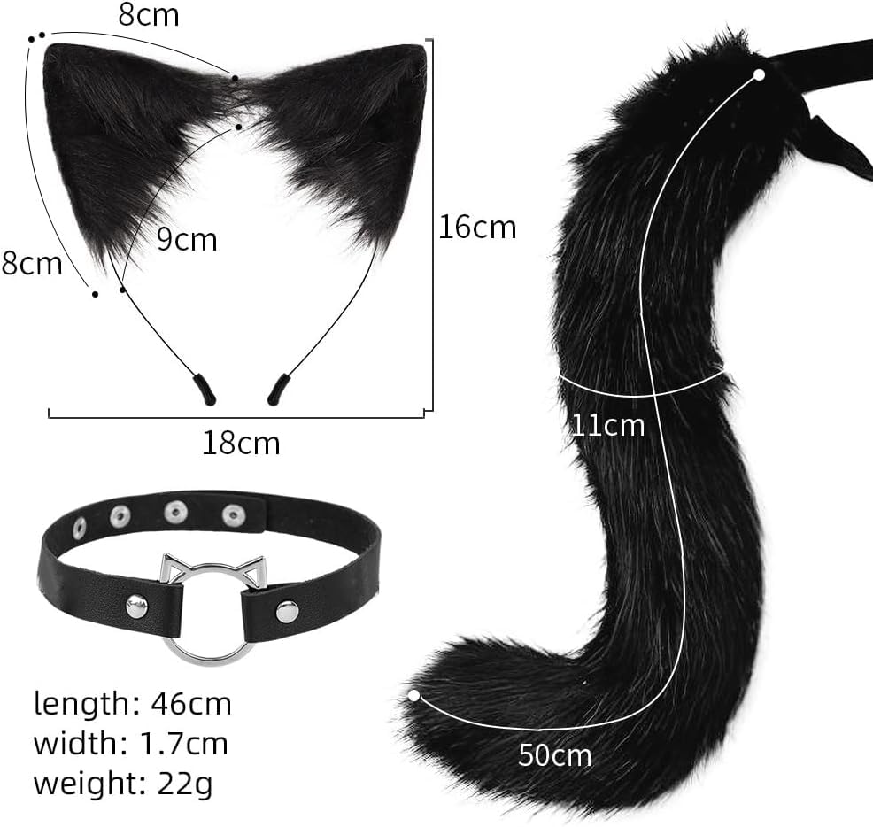 Paxrmuky Katzenohren Haarreif, Katzenkostüm Damen Erwachsener Set mit Plüsch Schwarz, Katzenschwanz und Katzenohren Halsband für Halloween, Karneval, Kostümfest, Katze Cosplay