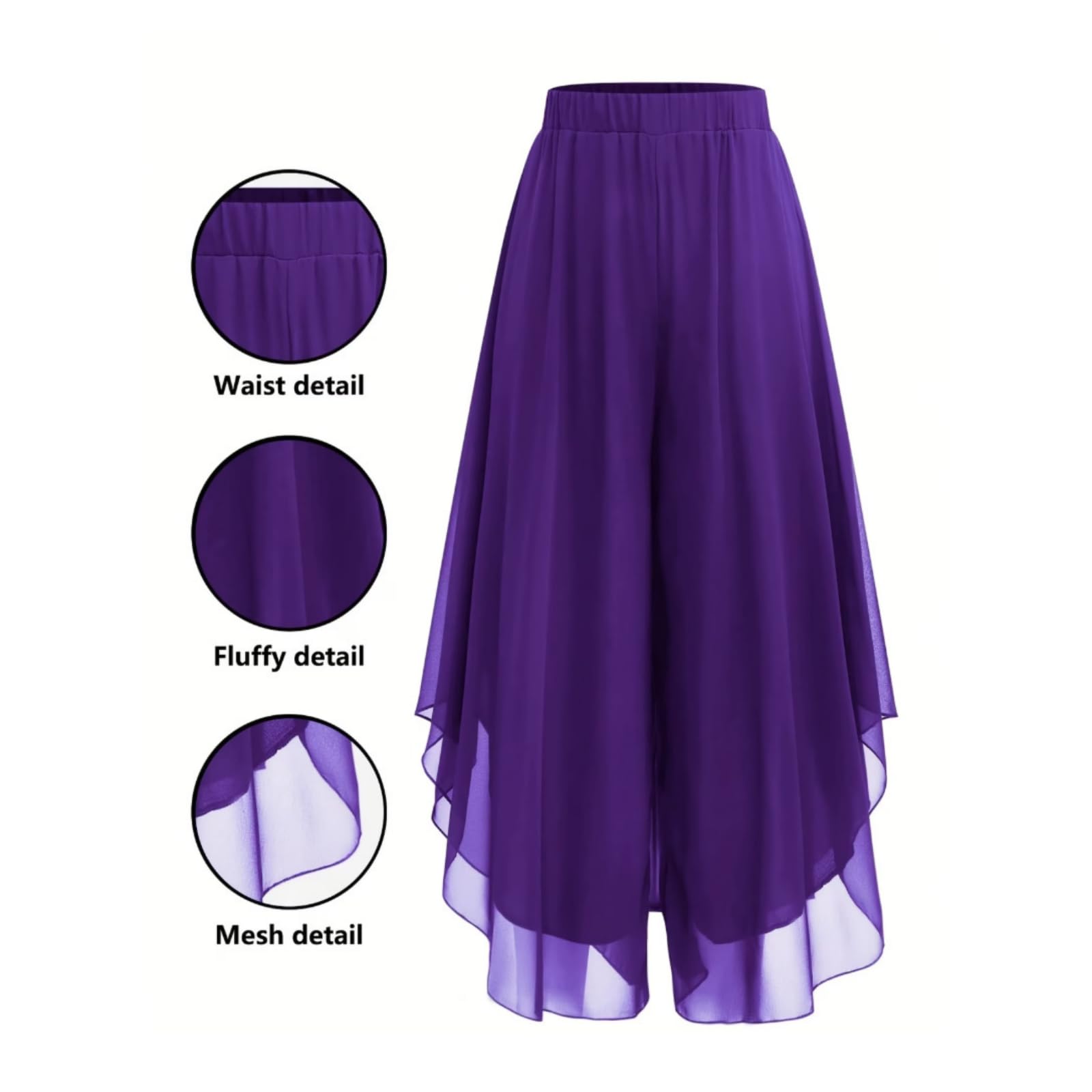 Générique Pantalon asymétrique en Mousseline pour Femme, Jambes Larges, Taille élastiquée Double épaisseur et empiècement Transparent à Jambes Droites.