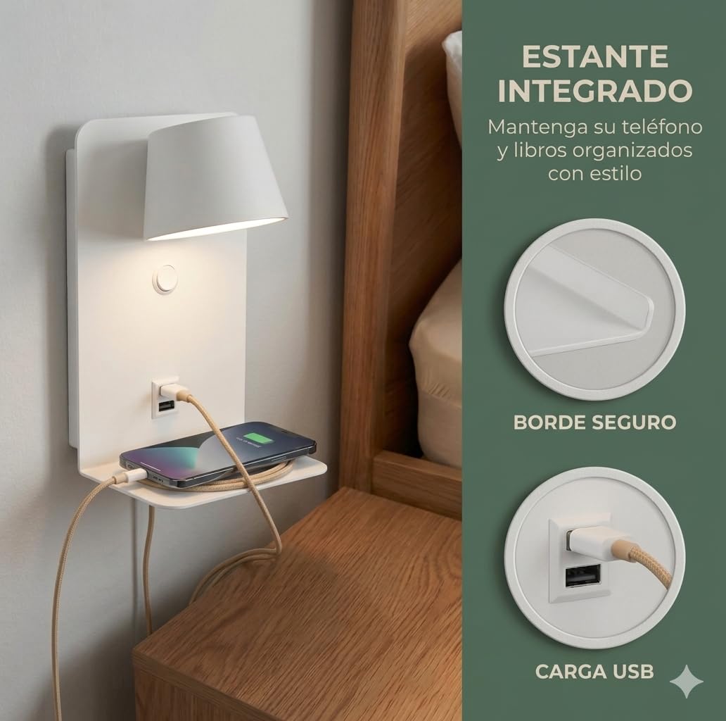 BARCELONA LED applique da parete LED bianca con USB e USB-C, lampada da lettura 6W orientabile 350°, con mensola per telefono, luce calda 2700K, per camera da letto, ufficio, scale, sala pranzo