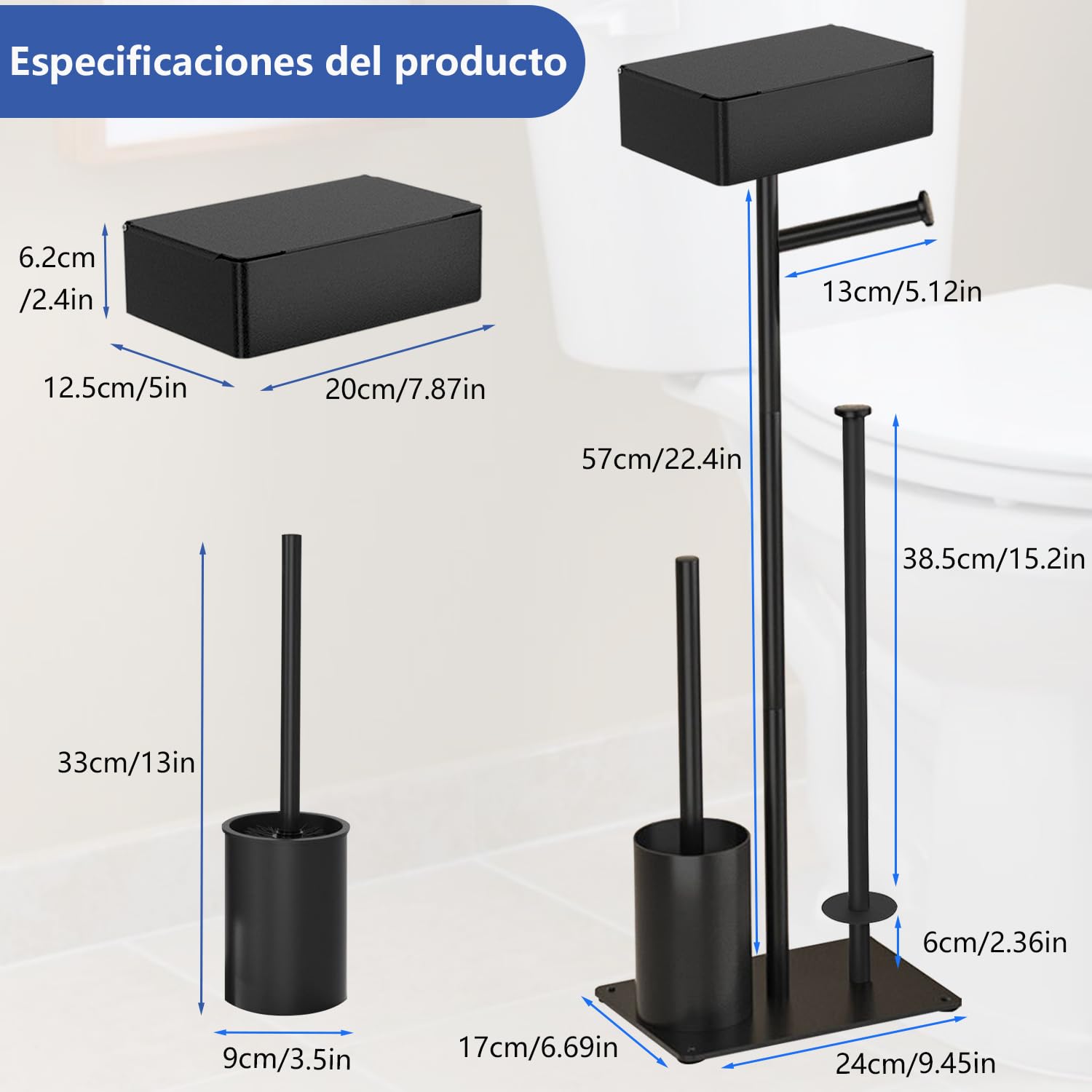 Portarrollos de Papel Higiénico de Pie, GUIGUZI Negro Acero Inoxidable Soporte para Papel Higiénico y Escobilla con Caja de toallitas húmedas, Escobilla y Portarrollos de Papel Higiénico