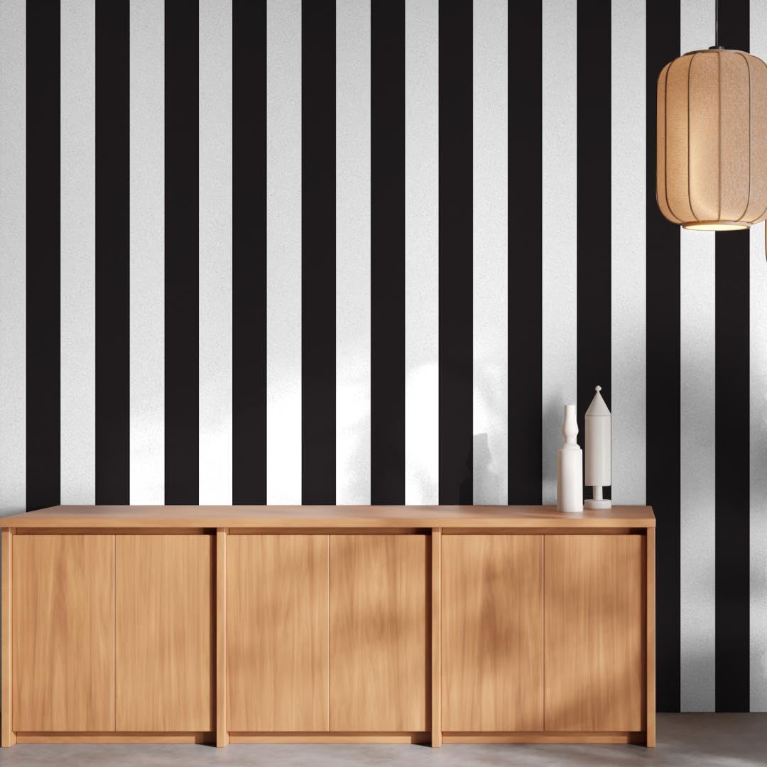 Doodad Striped Self-Adhesive Wallpaper - 45cm x 1000cm, Covers 48 sq. ft | Easy Peel & Stick Black and White Stripes Wallpaper for Stylish Home Decor | PVC Waterproof