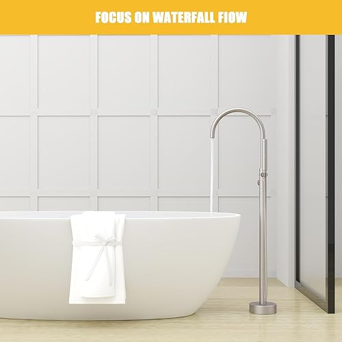 Miniatura 10 de BESy Grifo de bañera independiente, soporte de montaje en el suelo, grifos de baño de latón con 2 funciones de ducha de mano, boquilla giratoria,