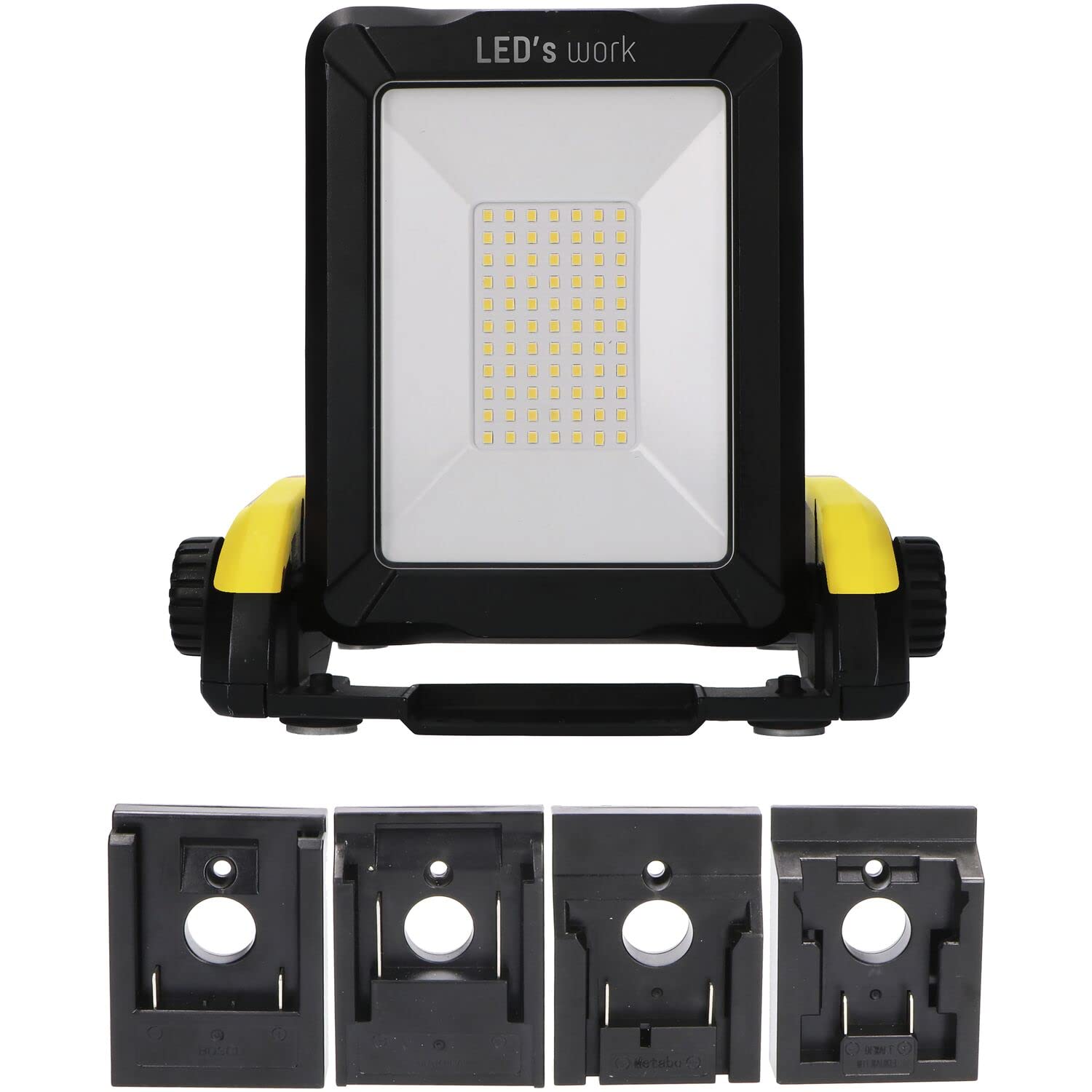 LED's work LED Akku Baustrahler 18V kompatibel mit Makita, Bosch, DeWalt, Milwaukee, Metabo – 2900lm Arbeitsleuchte IP54 & IK08 – Baustellenlampe inkl. 4 Marken-Adapter