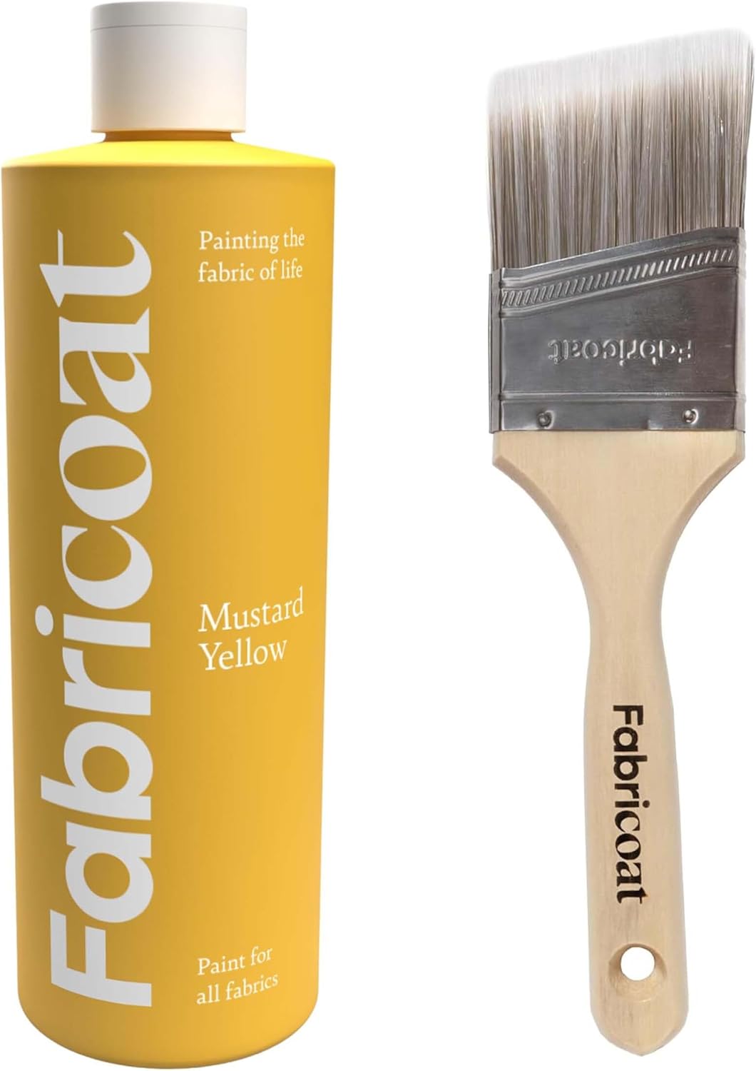 Fabricoat - Fabric Paint for Furniture 500ml (Mustard Yellow) + Angled Paint Brush | Firm Bristled Brush with Wooden Handle | Restore or Change the Color of Couches, Chairs, Upholstery