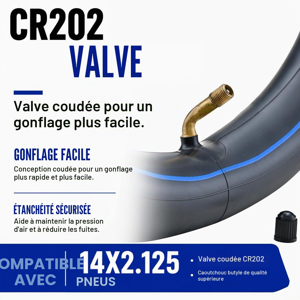 Chambres à Air 14 x 2.125 (Lot de 2), Valve Coudée CR202 | Chambres à air robustes en caoutchouc butyle pour vélos électriques et vélos pliants électriques. Comprend 2 démonte-pneus.