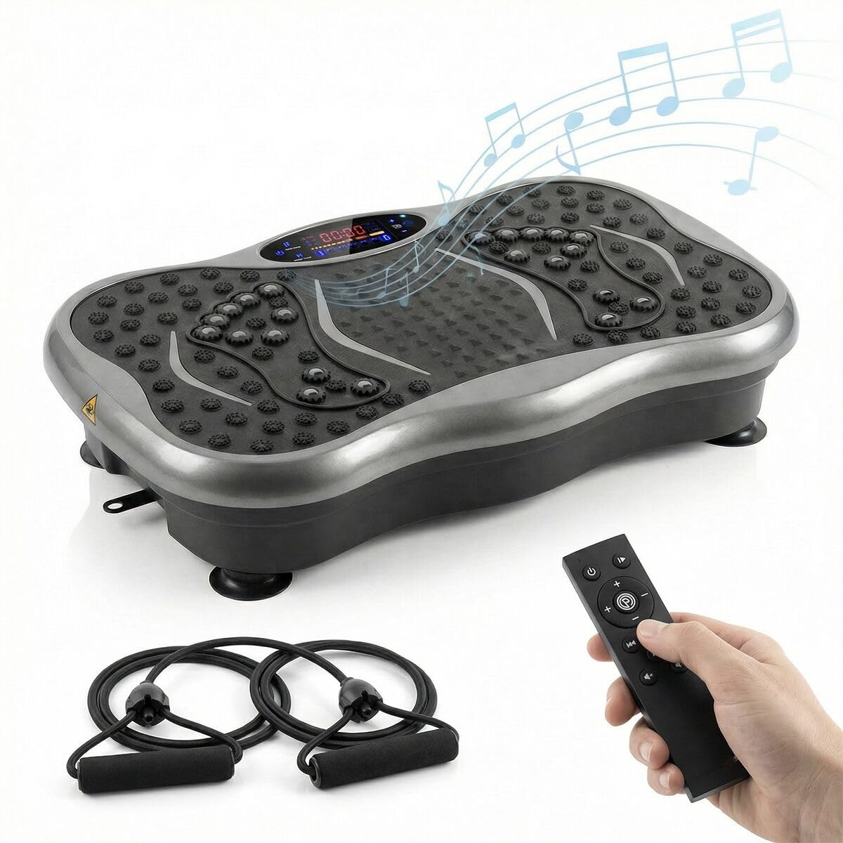 Piattaforma Vibrante Fitness Musicale + Bande di Resistenza, 99 Livelli Intensità, 5 Programmi, Altoparlante Bluetooth, Telecomando, Schermo LCD, Piattaforma Oscillante 150 kg
