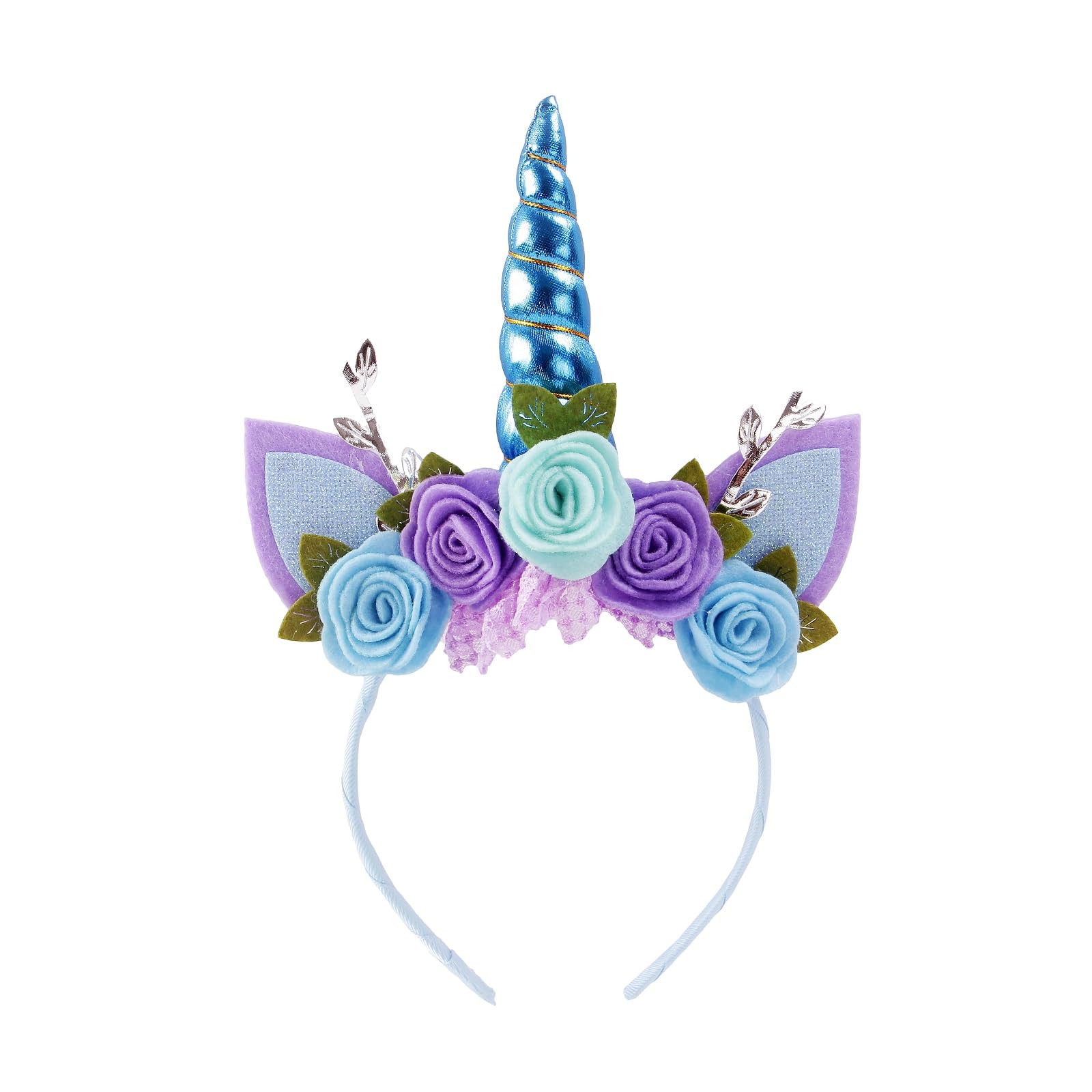 Nishine Unicorn Headband Nonwoven Flowers Cat Ears Pony Head Bands Tiara Glitter Horn for Cosplay Unicorn Party Supplies (Blue)