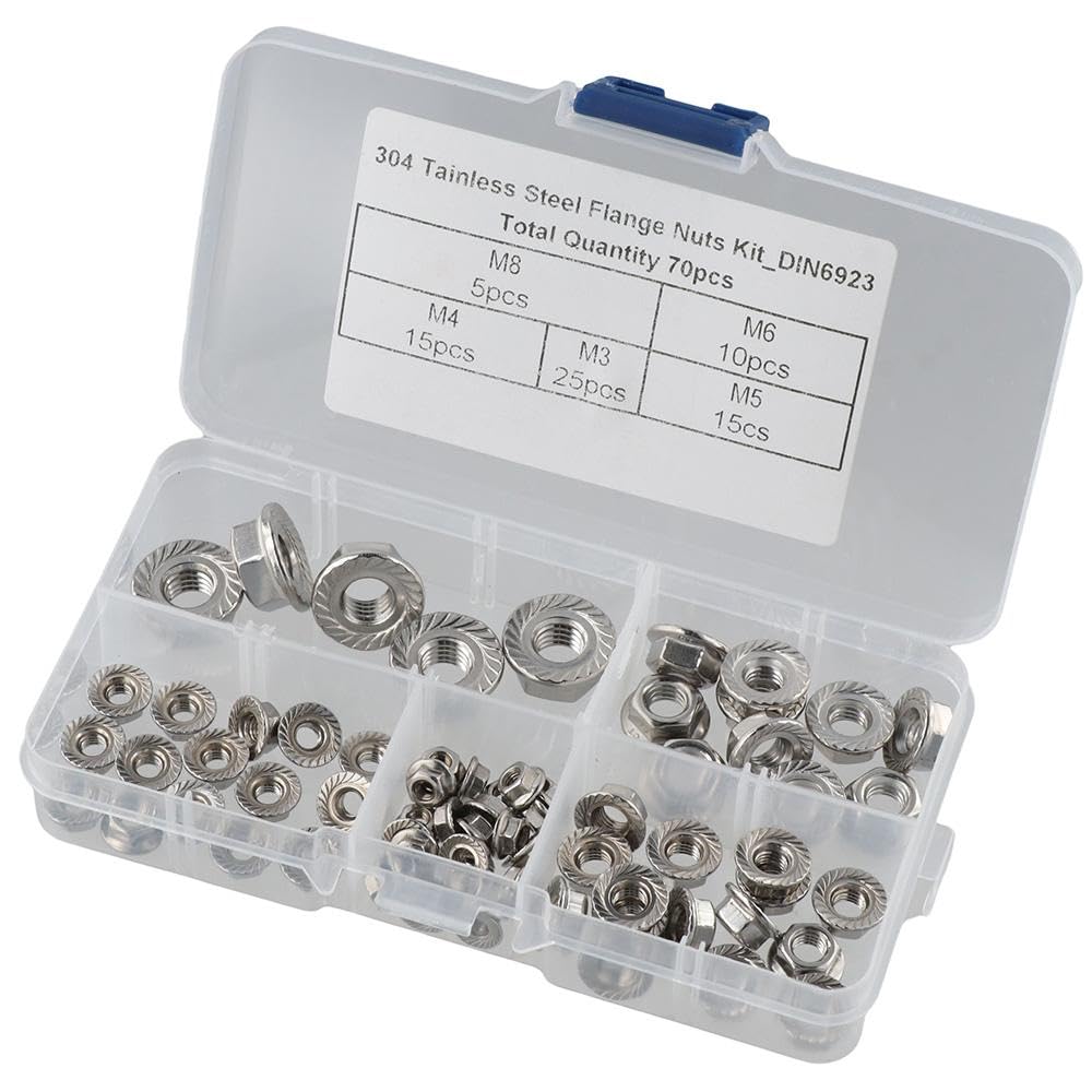 Upluckey Serrated Locknuts 70 Pcs Stainless Steel Durable Bright Finish Flange Hex Lock Nuts with Storage Case Hexagon Nuts Set - Image 2