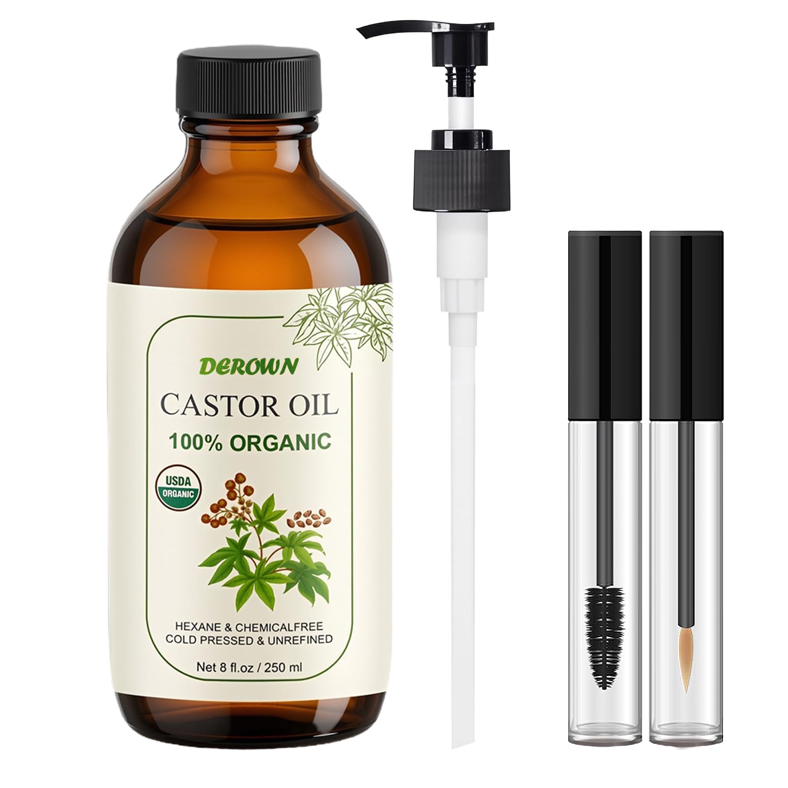 DEROWN Castor Oil Cold Pressed Hexane Free 8oz Lash & Brow Kit with Pump