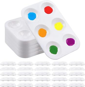 25 PCS Plastic Paint Palettes, 6 Wells Rectangular White Tray Palettes for DIY Craft and Art Painting Party Watercolor 4.72 * 3.26 inch