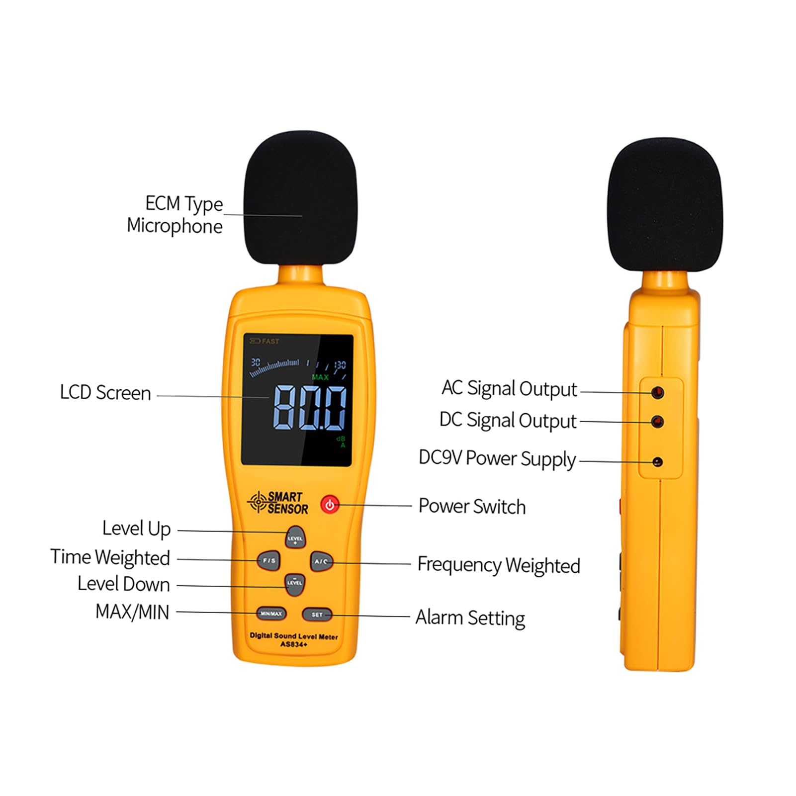 Sonómetro digital e instrumento de medición del volumen de ruido - Rango de 30 a 130 dB - Resolución de 0,1 dB con precisión de 1,5 dB - Ponderación A y C - Pantalla LCD de 2,7