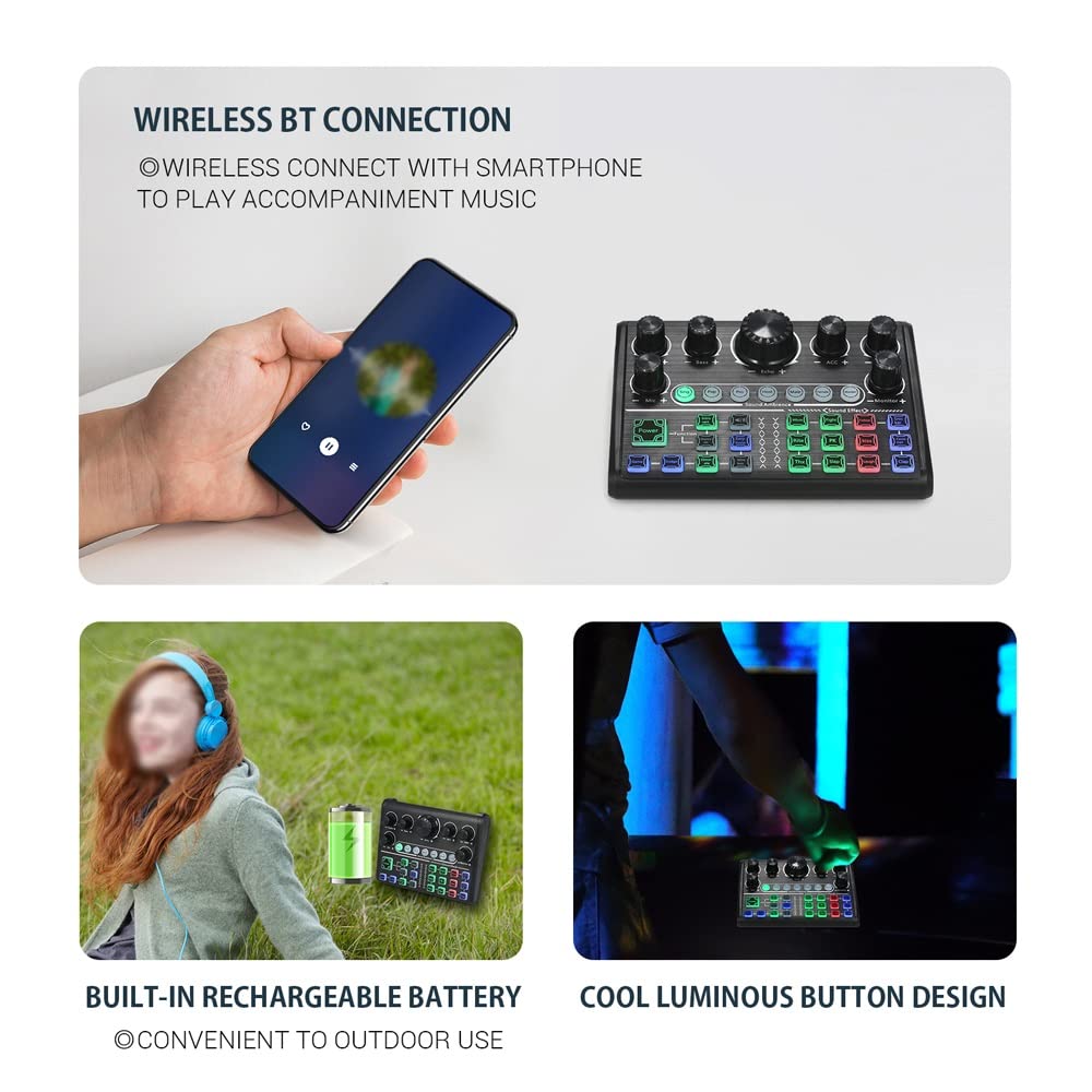 Carte Son Live, changeur de Voix Externe, mixeur Audio BT, Carte de mixage sonore avec Plusieurs Effets sonores, Compatible avec Les Smartphones et Les Ordinateurs