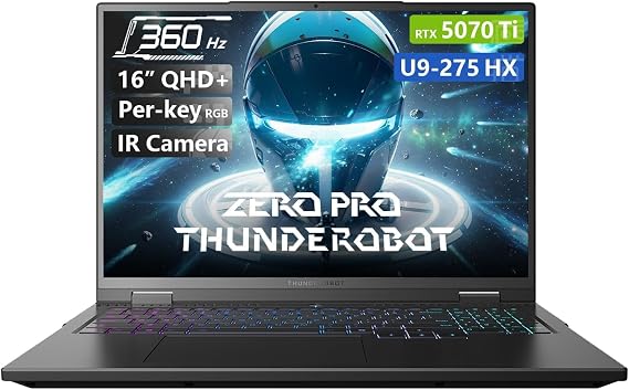 Thunderobot Zero 16 Pro 5070Ti Gaming Laptop, GeForce RTX 5070 Ti, Core Ultra 9 275HX, 16 QHD+ 360Hz Hummingbird IPS Display, 64GB DDR5, 4TB SSD, Per-Key RGB, HD Camera, Wi-Fi 6E, Windows 11 Home