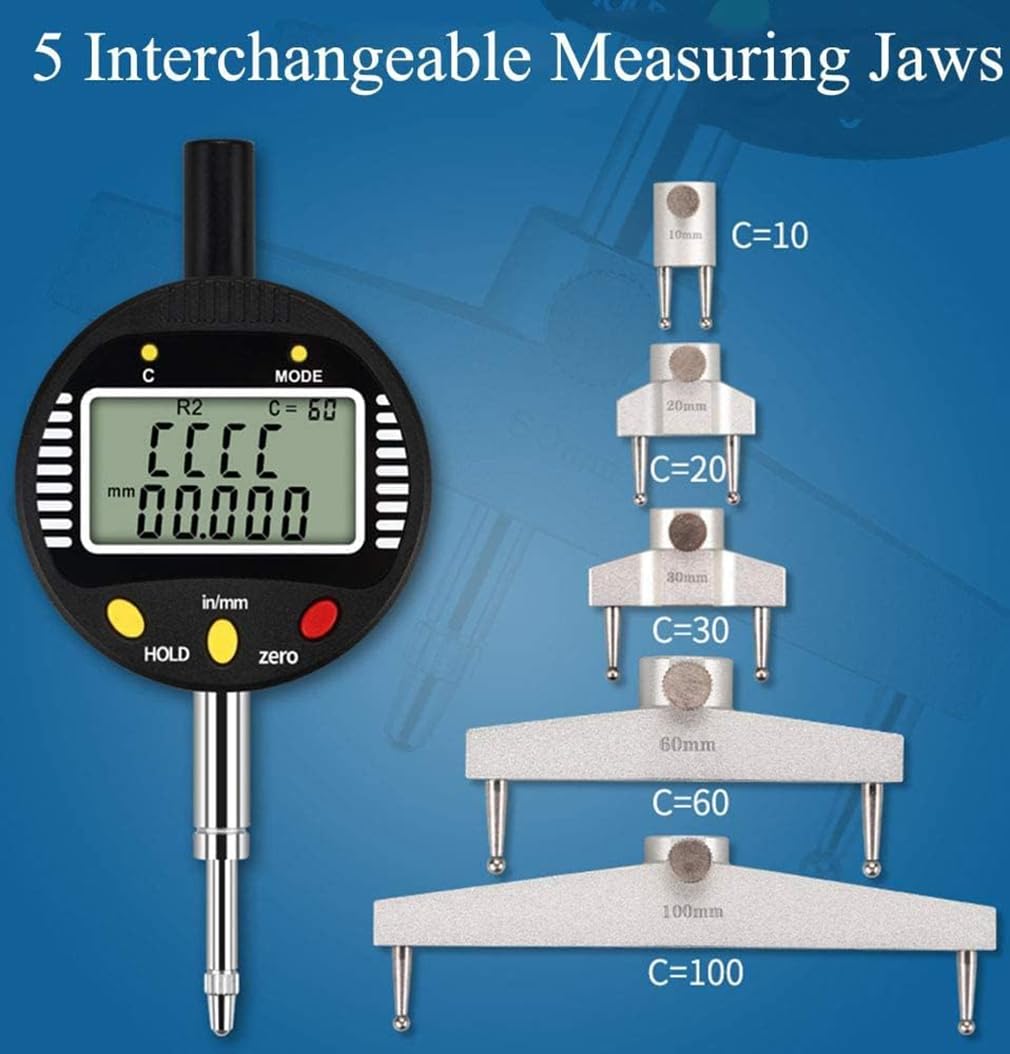 Digitales Messgerät für Innen- und Außenradius mit austauschbaren Messkrallen von 10 mm / 20 mm / 30 mm / 60 mm / 100 mm, linearer Bereich 0-12,7 mm