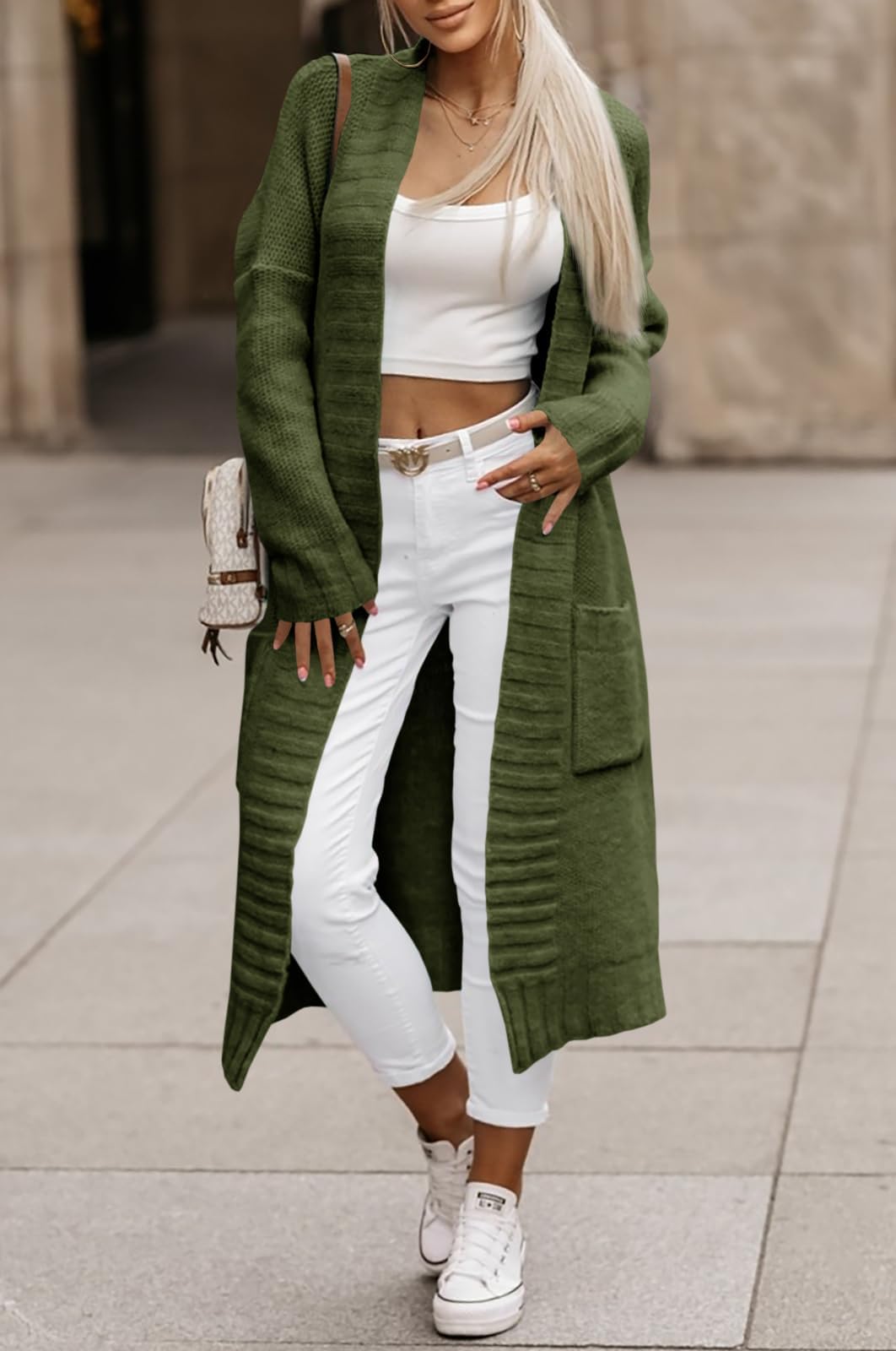 Imily Bela Cárdigan de punto largo para mujer con bolsillos, cárdigan de punto grueso para otoño e invierno