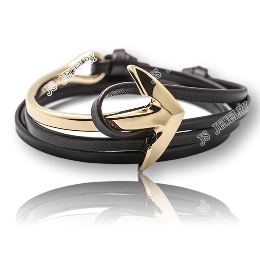 Mens Womens Genuine Leather Multilayer Bracelet Bangle Cuff Cord- Wrap Adjustable Unisex Gold Alloy Anchor Charm by
