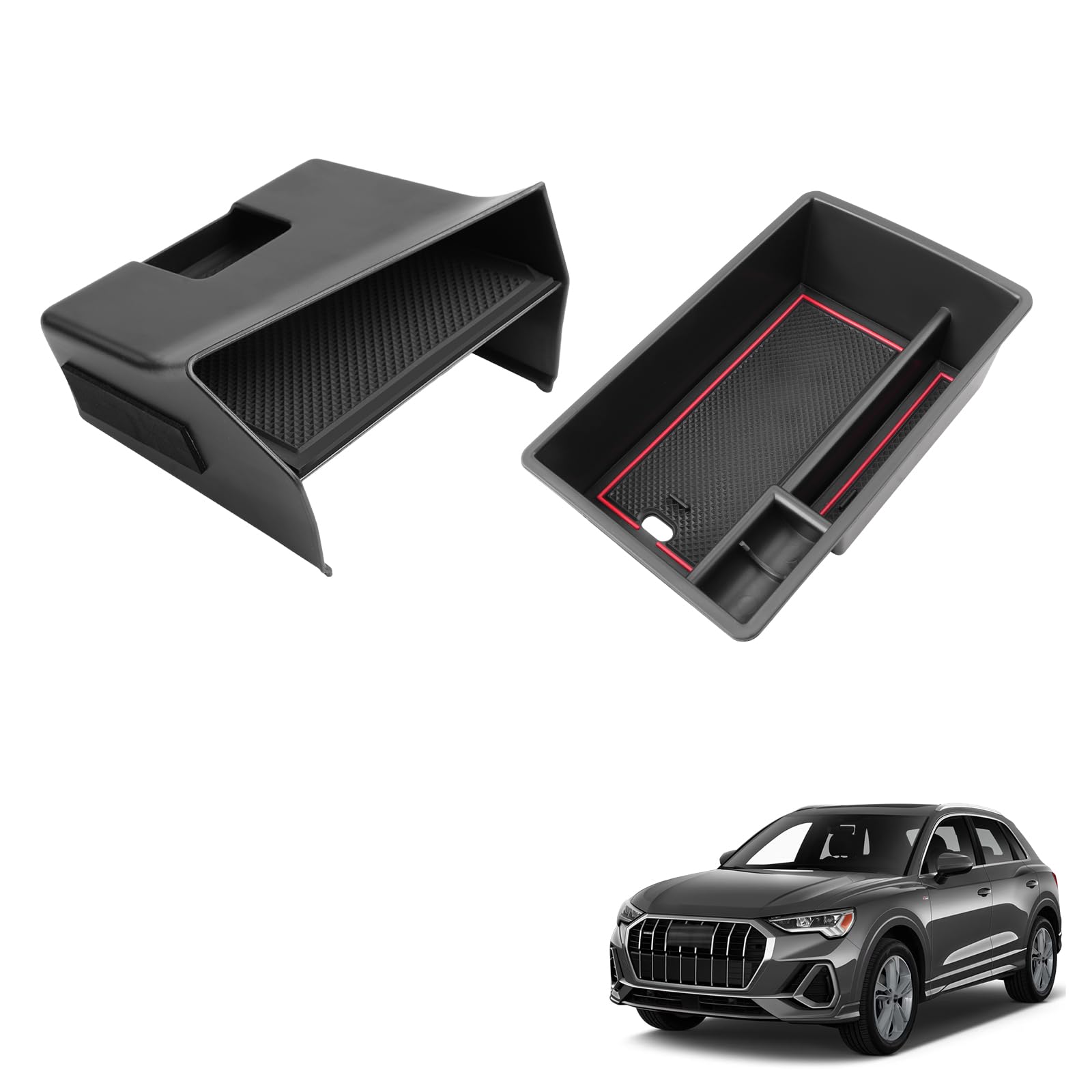 Centre Console Storage Box Compatible with Audi Q3 F3 2019-2024, Audi Q3 Centre Console Organiser with Non-Slip Mat, Black, Audi Q3 Armrest Organiser with Non-Slip Mat, Red