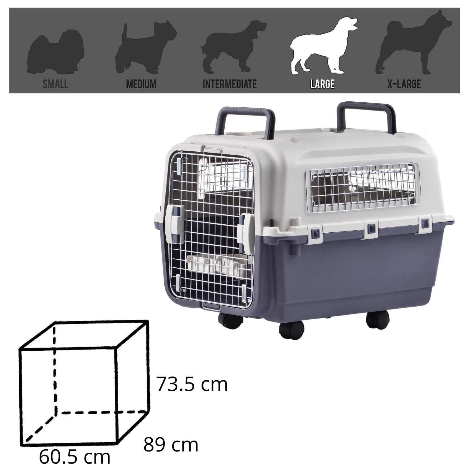 Lanco - Transportín para Perro Grande portatil y Transpirable de Plastico. para Mascotas Perros. Material Resistente. Medidas 89x61x74 cm. Dos Asas. Color Gris y Blanco.