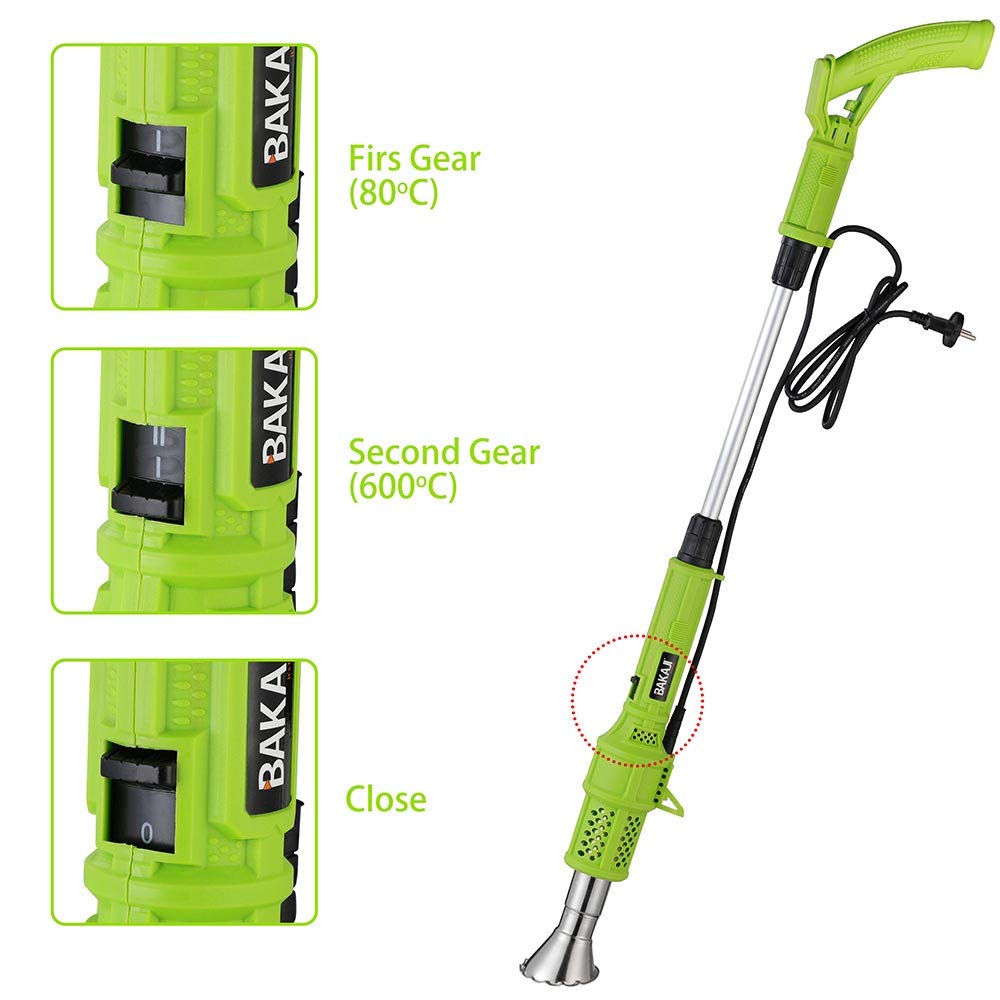 BAKAJI Bruciatore Erba Elettrico 2000W 230V Diserbante Termico Doppia Temperatura Selezionabile 80/600 Gradi con 2 Beccucci Intercambiabili Lunghezza 100cm Manutenzione Giardino Esterno, verde/grigio