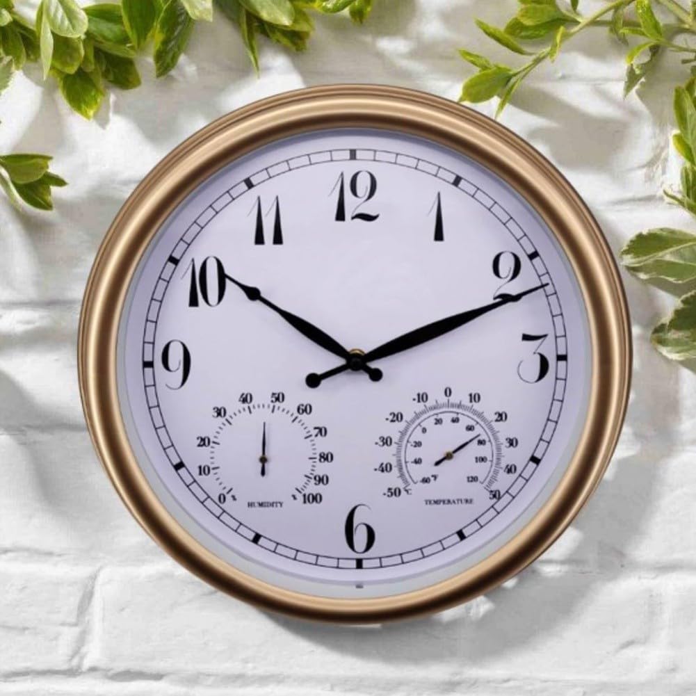 Reloj de pared para exteriores, 15 pulgadas, silencioso, sin tictac, con temperatura y humedad, termómetro de jardín impermeable, higrómetro, funciona con pilas (A)