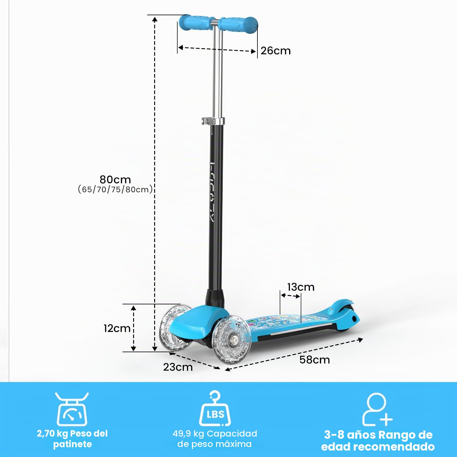 TONBUX Patinete Niño de 3 a 8 años, Patinete Niño con Columna, Ruedas y Bandeja Luminosa, Bandeja Metálica Reforzada, Altura Ajustable 65 – 80 cm, Freno Trasero Sensible, Lean to Steer Design