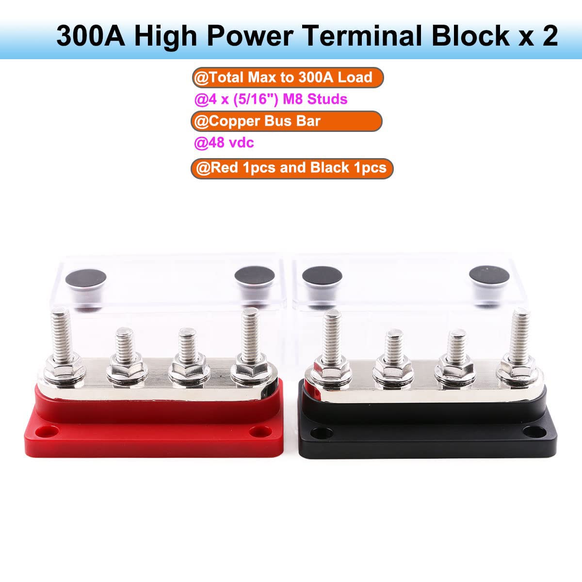 Bus Bar 300A Blocco di Distribuzione dell'alimentazione Rame 12V-48V cc Busbar, Morsettiere Barra Collettrice con 4 x M8 Terminal a Bolts per Auto Camion RV Marine Barca Solare (Rosso e Nero)