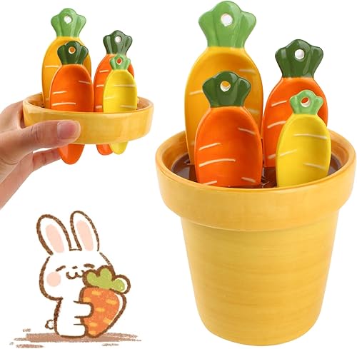 Juego de cucharas medidoras de zanahoria en maceta, lindas tazas medidoras de cerámica, cuchara medidora de condimentos con soporte para tazas,